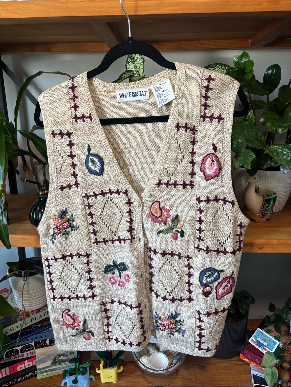 White Stag Cottagecore Beige Knit Vest with Floral & Fruit Embroidery | Medium